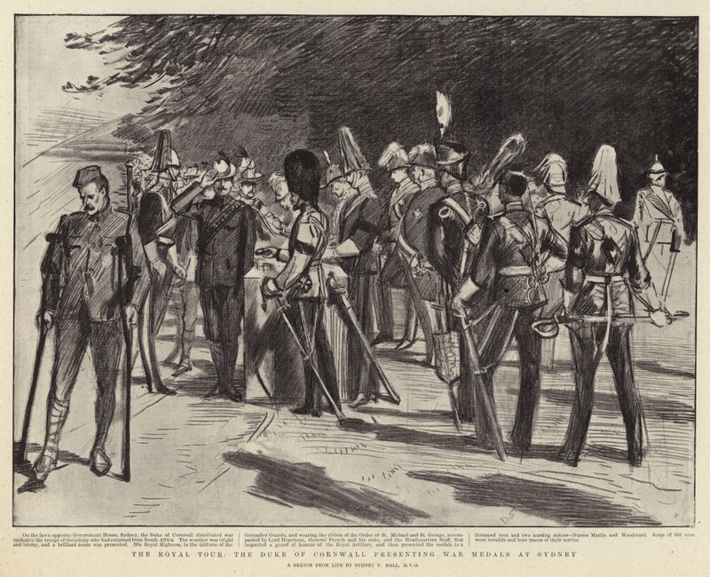 Il tour reale, il duca di Cornovaglia presenta le medaglie di guerra a Sydney da Sydney Prior Hall