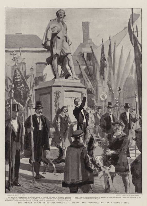 Celebrazioni del terzo centenario di Vandyck ad Anversa, la decorazione della statua del maestro da Sydney Prior Hall