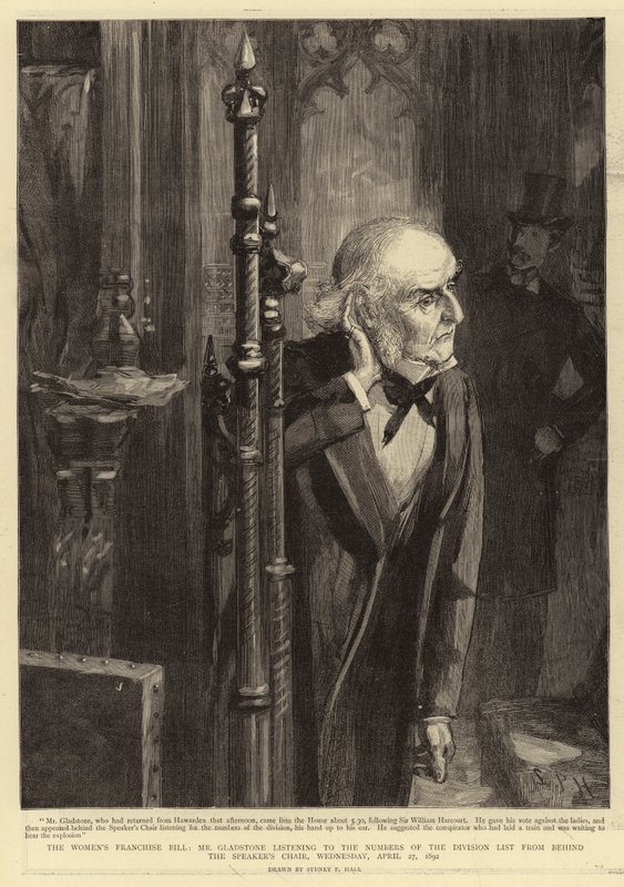 Il Disegno di Legge sul Suffragio Femminile, Mr Gladstone ascolta i Numeri della Lista di Divisione da dietro la Sedia del Presidente, Mercoledì, 27 Aprile 1892 da Sydney Prior Hall