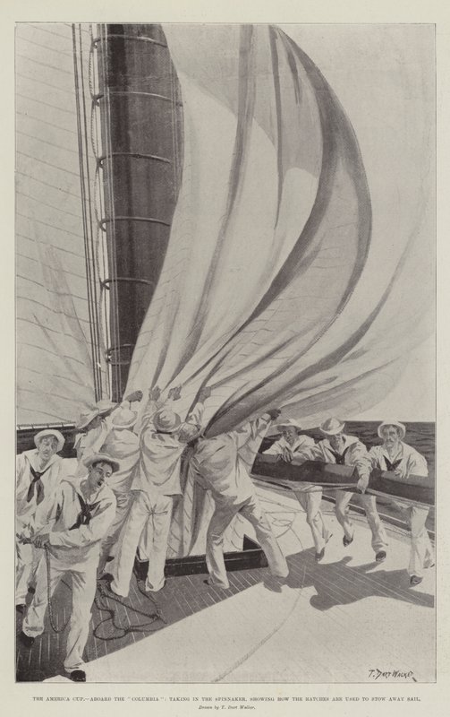 La Coppa America, a bordo della Columbia, issando lo spinnaker, mostrando come vengono utilizzati i boccaporti per riporre la vela da T. Dart Walker