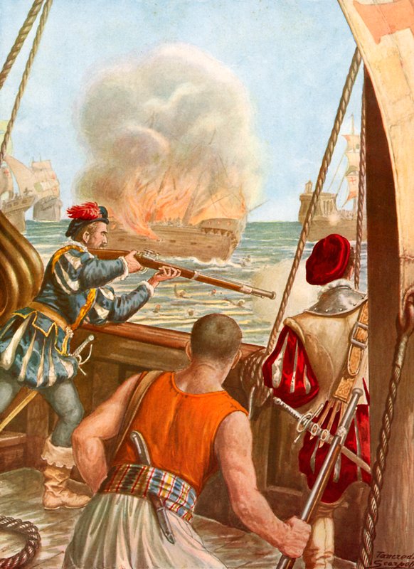 Nave araba incendiata dalla flotta portoghese da Tancredi Scarpelli