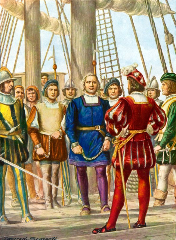 Cristoforo Colombo e i suoi fratelli Bartolomeo e Diego sono fatti prigionieri su una nave che li porterà in Spagna da Tancredi Scarpelli