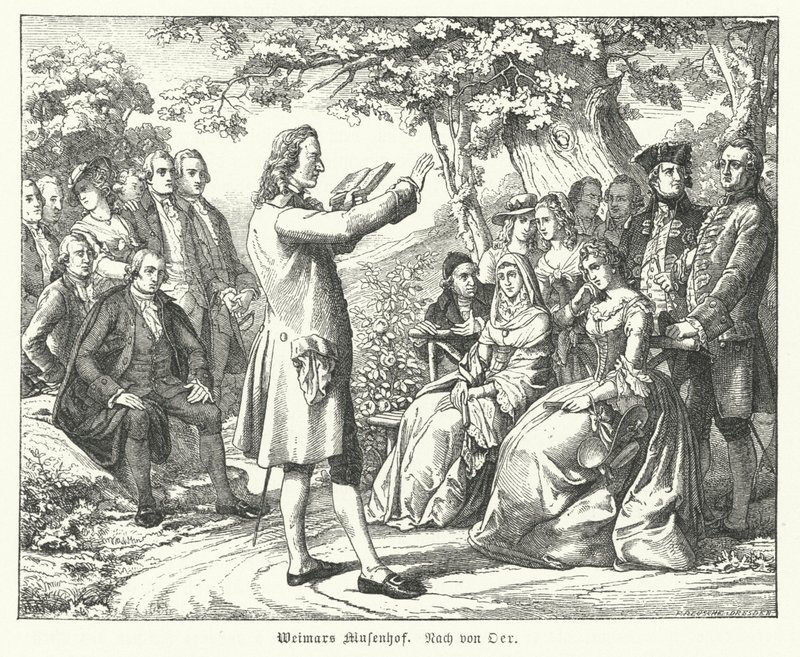La Corte delle Muse di Weimar: il poeta e drammaturgo tedesco Friedrich Schiller legge a Schloss Tiefurt, con Christoph Martin Wieland, Johann Wolfgang Goethe e Johann Gottfried Herder tra gli ascoltatori da Theobald Reinhold von Oer