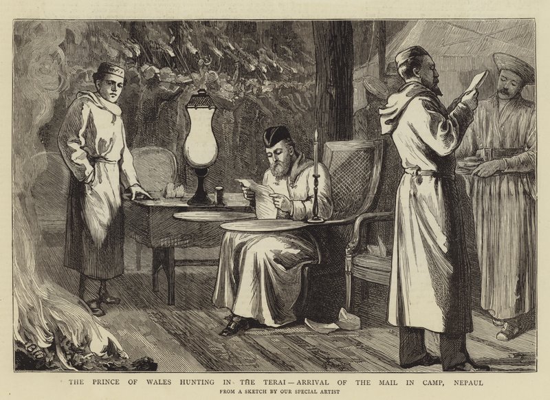 Il Principe di Galles a caccia nel Terai, Arrivo della posta nel campo, Nepal da Theodore Blake Wirgman