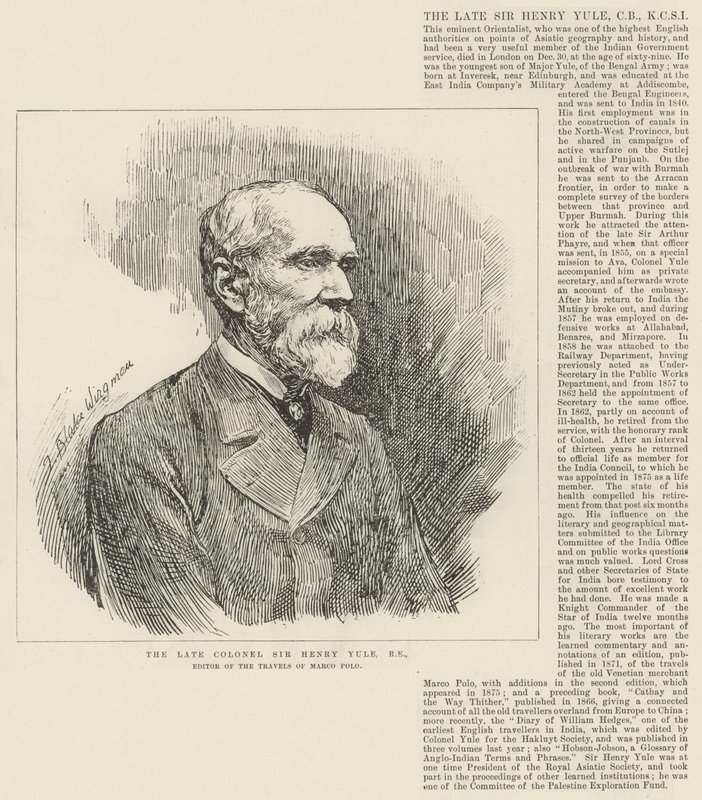 Il defunto colonnello Sir Henry Yule, RE, editore di The Travels of Marco Polo da Theodore Blake Wirgman