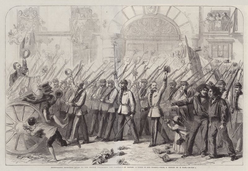 Accoglienza entusiasta data ai volontari britannici per Garibaldi a Napoli, una scena nel Toledo da Thomas Nast