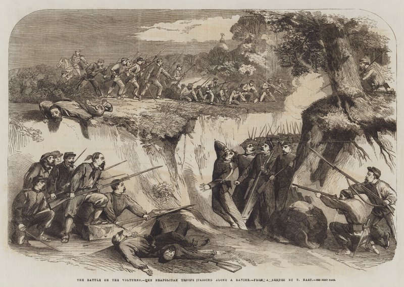 La battaglia del Volturno, le truppe napoletane che attraversano un burrone da Thomas Nast