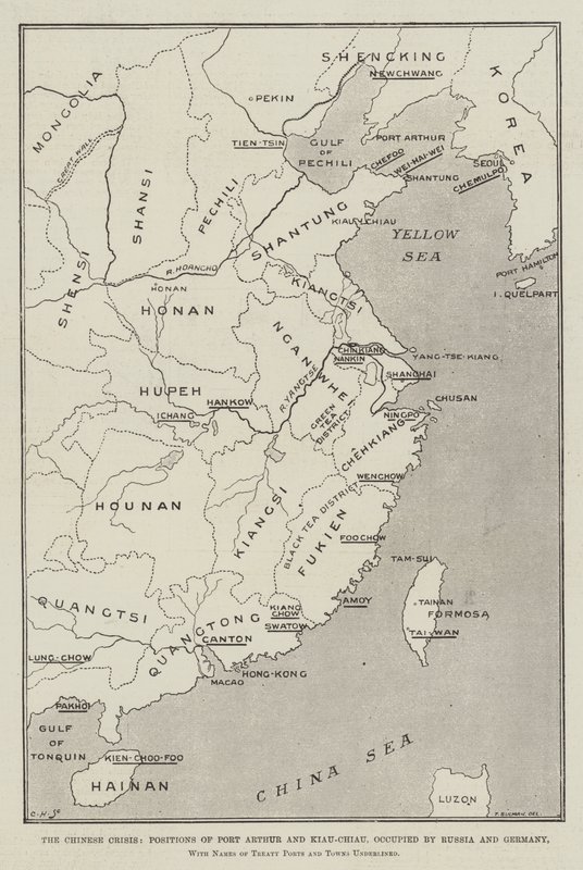 La crisi cinese, posizioni di Port Arthur e Kiau-Chiau, occupate da Russia e Germania, con nomi di porti e città trattati sottolineati da Thomas Sulman