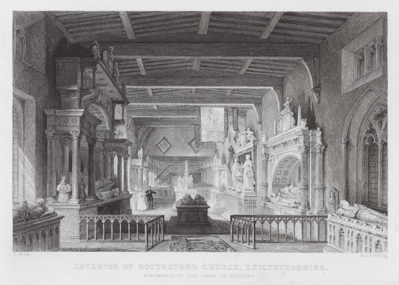 Interno della Chiesa di Bottesford, Leicestershire, Monumenti ai Conti di Rutland (incisione) da Thomas (after) Allom
