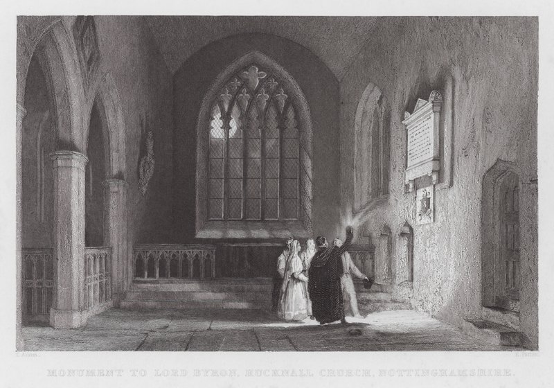 Monumento a Lord Byron, Chiesa di Hucknall, Nottinghamshire (incisione) da Thomas (after) Allom