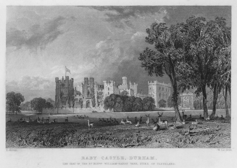 Castello di Raby, Durham, la residenza di William-Harry Vane, Duca di Cleveland (incisione) da Thomas (after) Allom