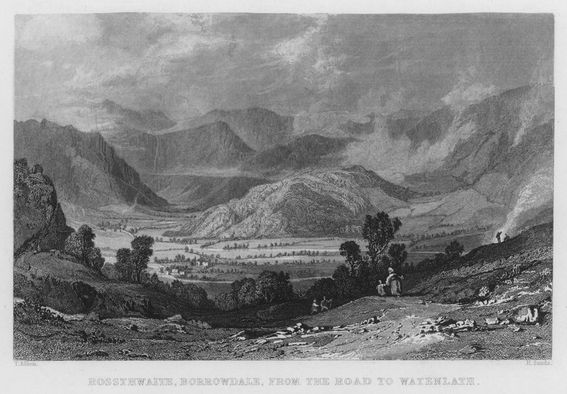 Rossthwaite, Borrowdale, dalla strada per Watenlath (incisione) da Thomas (after) Allom