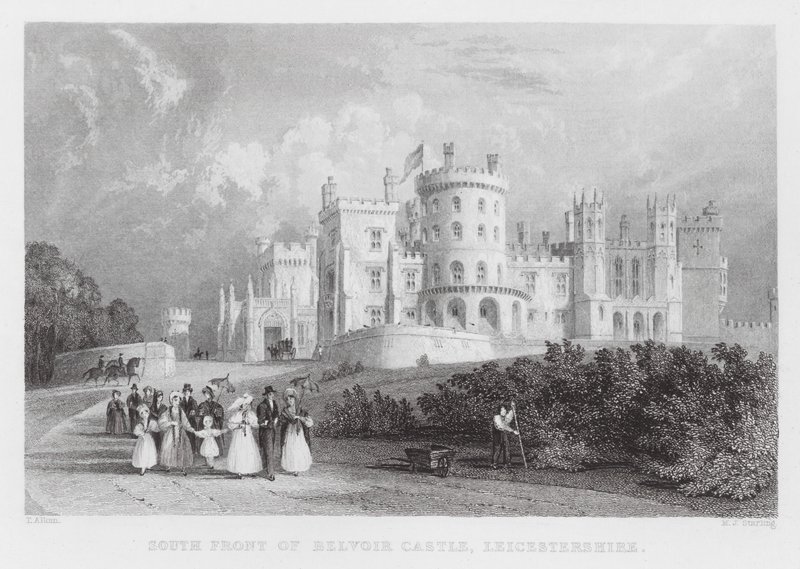 Facciata sud del Castello di Belvoir, Leicestershire (incisione) da Thomas (after) Allom