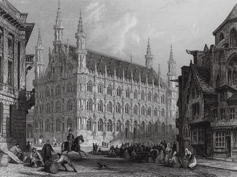 Municipio di Lovanio, con parte della Cattedrale (incisione) da Thomas (after) Allom