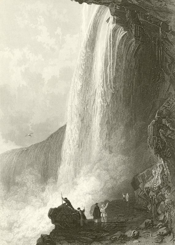 Cascata a ferro di cavallo, Niagara. Ingresso alla caverna, sul lato inglese da Thomas Allom
