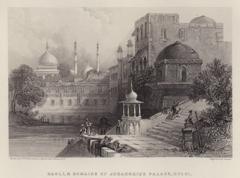 Baoli e Resti del Palazzo di Jehanghir, Delhi (litografia a colori) da Thomas Colman (after) Dibdin