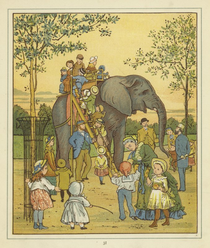 Un gruppo di persone allo Zoo di Londra accanto a un elefante che dà passaggi da Thomas Crane