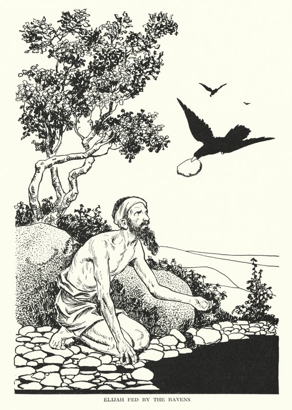Elia nutrito dai corvi (litografia) da Thomas Heath Robinson
