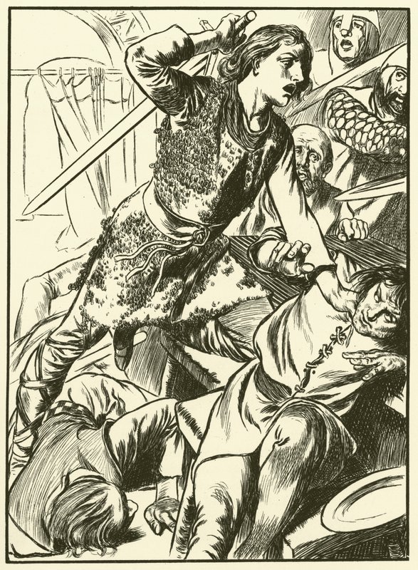 Hereward e i suoi uomini attaccano i Normanni (incisione) da Thomas Heath Robinson