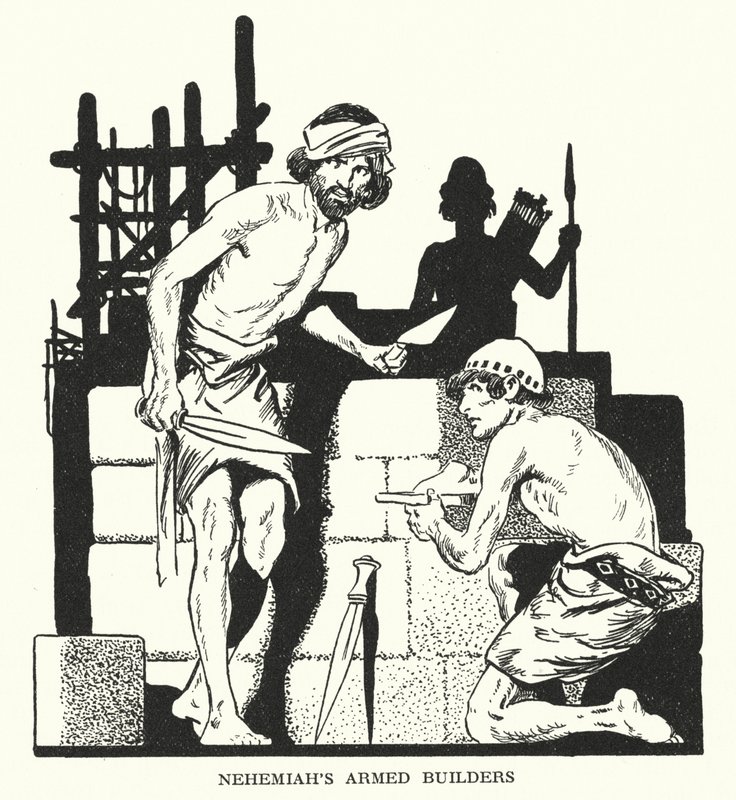 I costruttori armati di Neemia (litografia) da Thomas Heath Robinson