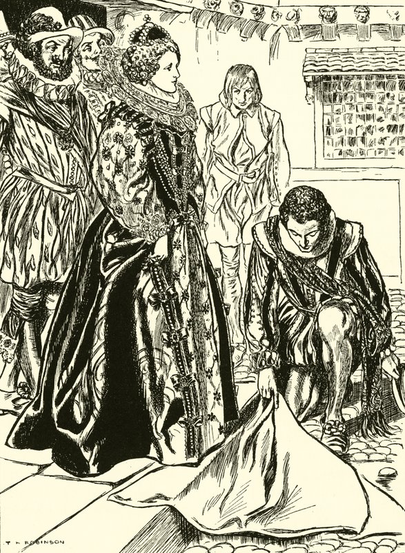Raleigh stende il suo mantello davanti a Elisabetta (incisione) da Thomas Heath Robinson