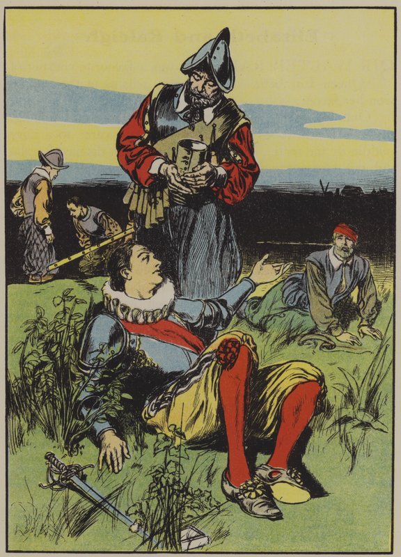 Sir Philip Sidney e il soldato morente (litografia a colori) da Thomas Heath Robinson