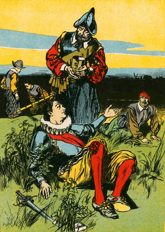 Sir Philip Sidney e il soldato morente (litografia a colori) da Thomas Heath Robinson