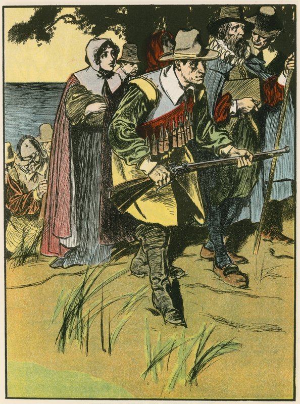 I Padri Pellegrini entrano nel Nuovo Mondo (litografia a colori) da Thomas Heath Robinson
