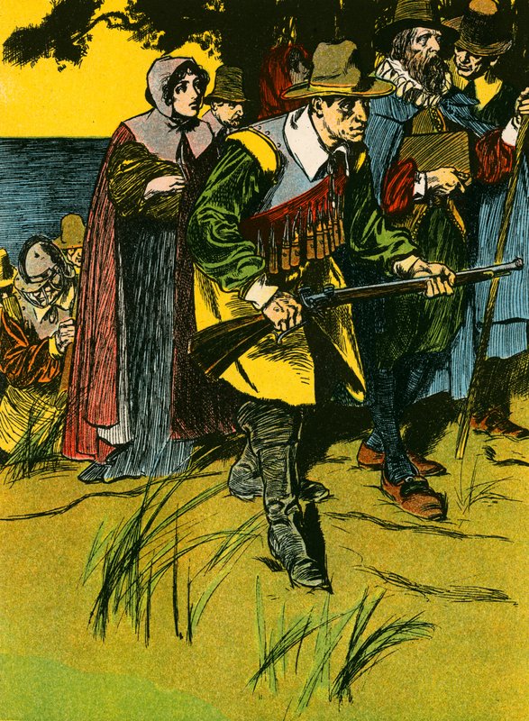 I Padri Pellegrini entrano nel Nuovo Mondo (litografia a colori) da Thomas Heath Robinson