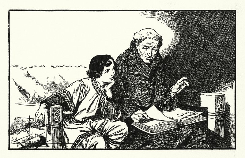 Il futuro re Alfredo viene educato (litografia) da Thomas Heath Robinson