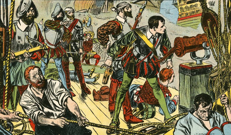 La piccola "Revenge" combatte contro cinquanta galeoni spagnoli (litografia a colori) da Thomas Heath Robinson