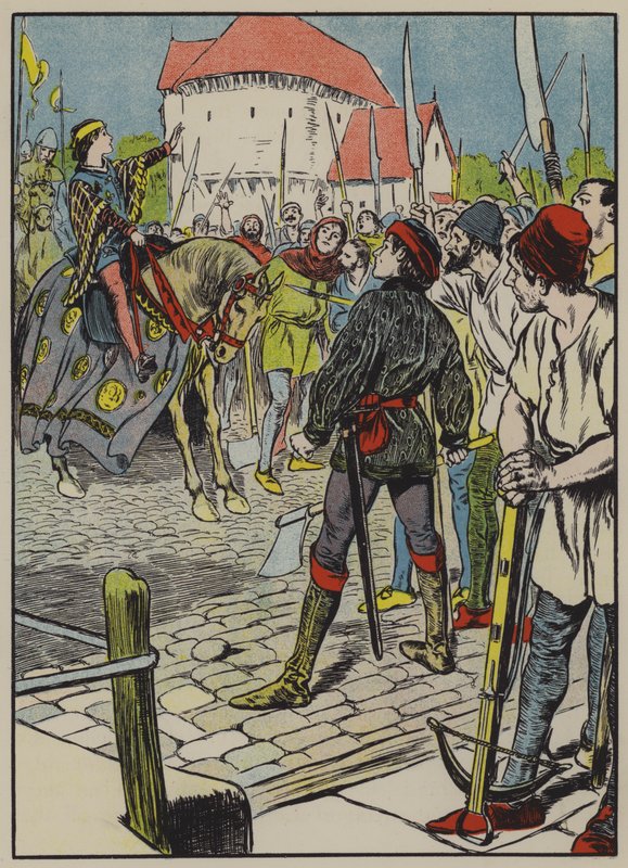 Il giovane re Riccardo seda la ribellione (litografia a colori) da Thomas Heath Robinson