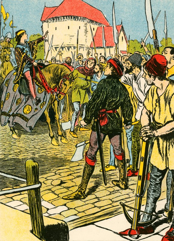 Il giovane re Riccardo seda la ribellione (litografia a colori) da Thomas Heath Robinson