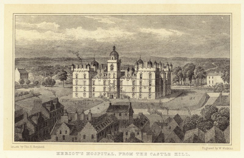 Ospedale di Heriot, dal Castle Hill da Thomas Hosmer (after) Shepherd
