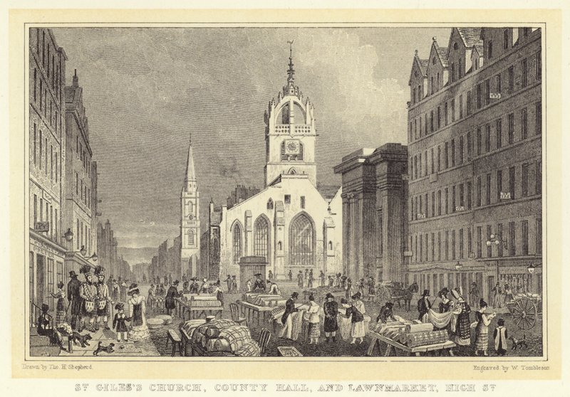 Chiesa di St Giles, County Hall, e Lawnmarket, High Street (incisione) da Thomas Hosmer (after) Shepherd