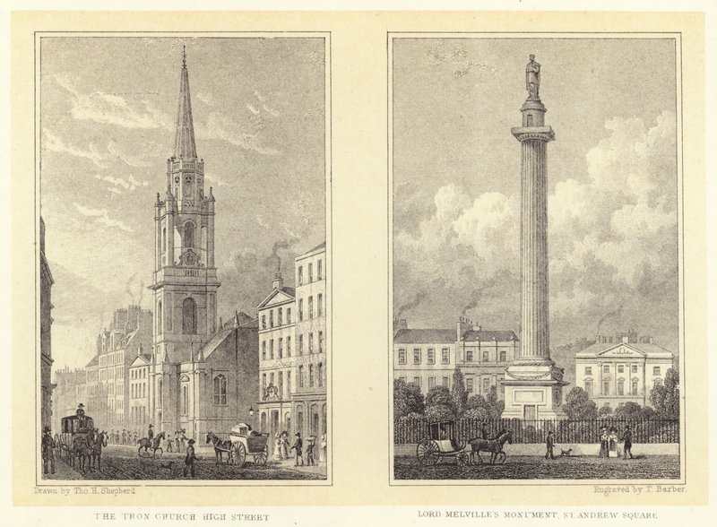 La chiesa di Tron, High Street; il monumento di Lord Melville, St Andrew Square da Thomas Hosmer (after) Shepherd