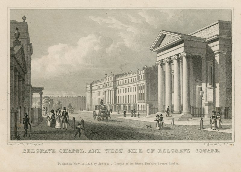 Cappella di Belgrave e il lato ovest di Belgrave Square da Thomas Hosmer Shepherd