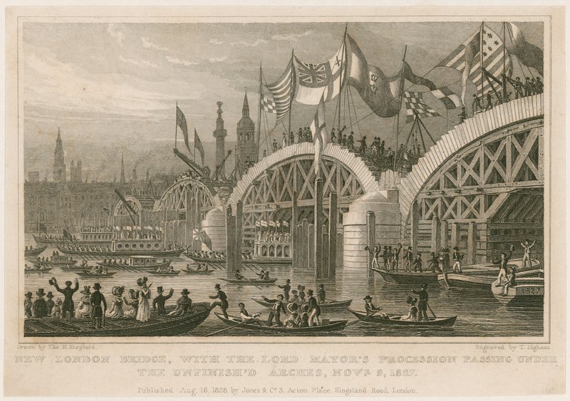 Costruzione del nuovo London Bridge, 9 novembre 1827 da Thomas Hosmer Shepherd
