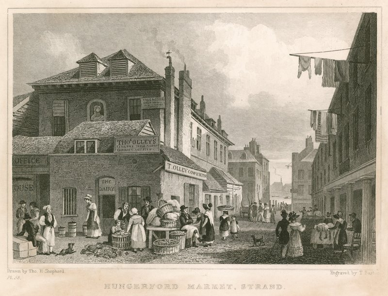 Mercato di Hungerford, vicino agli edifici di York, The Strand, Londra da Thomas Hosmer Shepherd