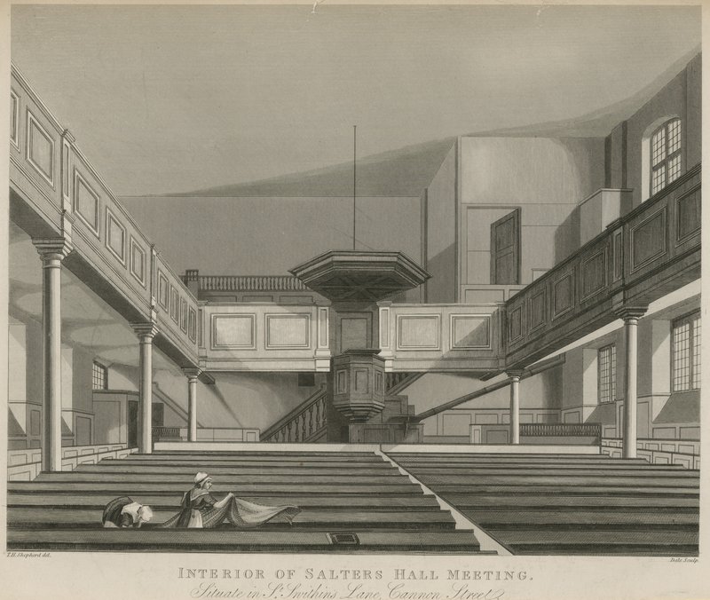 Interno della Salters Hall Meeting, situata in St Swithins Lane, Cannon Street, Londra da Thomas Hosmer Shepherd