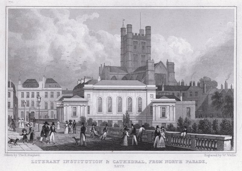 Istituzione letteraria e cattedrale, da North Parade, Bath da Thomas Hosmer Shepherd