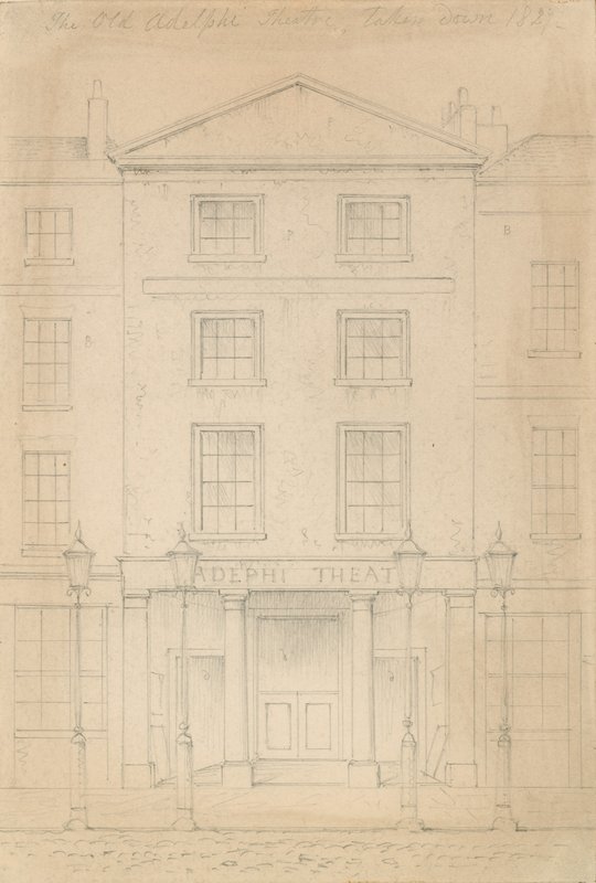 Schizzo originale a matita del Teatro Adelphi, Londra, di Thomas H Shepherd da Thomas Hosmer Shepherd