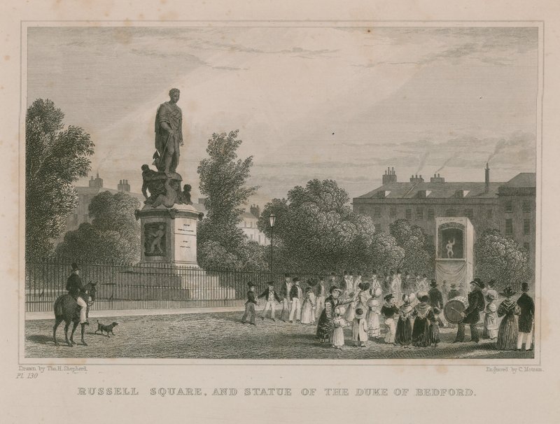 Russell Square e statua del Duca di Bedford da Thomas Hosmer Shepherd