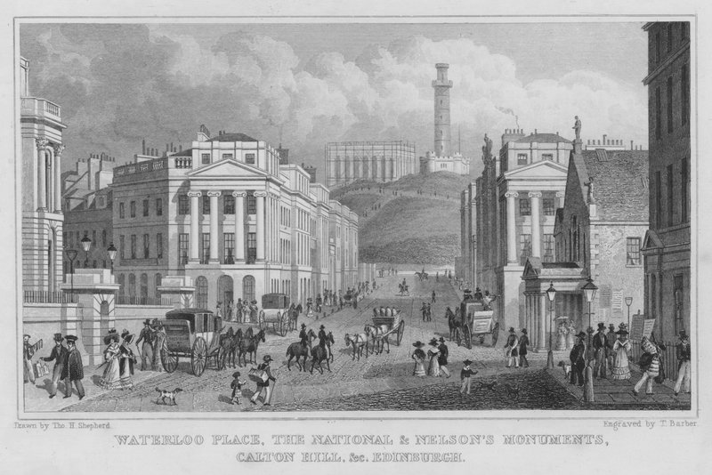Waterloo Place, i monumenti nazionali e di Nelson, Calton Hill, ecc., Edimburgo (incisione) da Thomas Hosmer Shepherd
