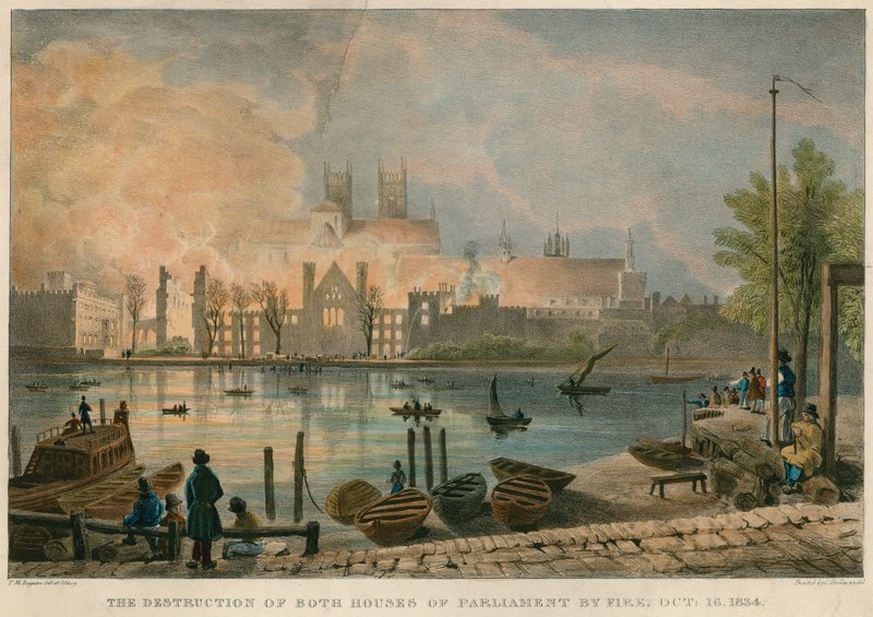 La distruzione per incendio delle Case del Parlamento il 16 ottobre 1834 da Thomas Mann Baynes
