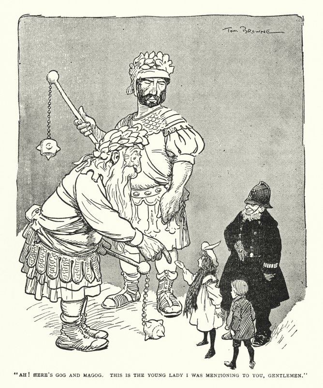 "Ah! Ecco Gog e Magog, questa è la giovane signora di cui vi parlavo, signori" (litografia) da Tom Browne