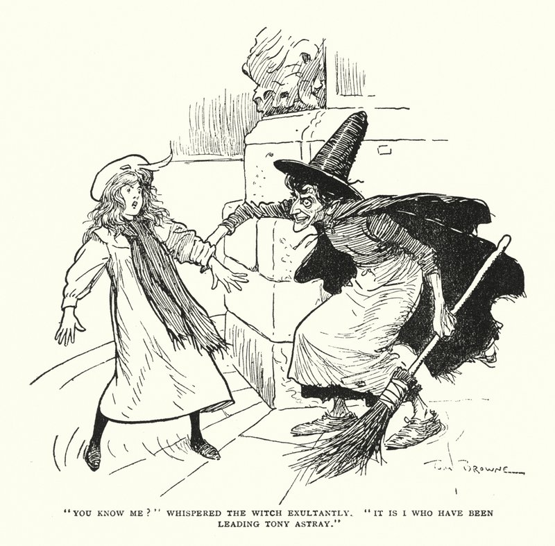 "Mi conosci?" sussurrò la strega esultante, "Sono io che ho portato Tony fuori strada" (litografia) da Tom Browne