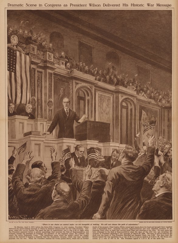 Il Presidente degli Stati Uniti Woodrow Wilson chiede al Congresso di dichiarare guerra alla Germania da V. Perard