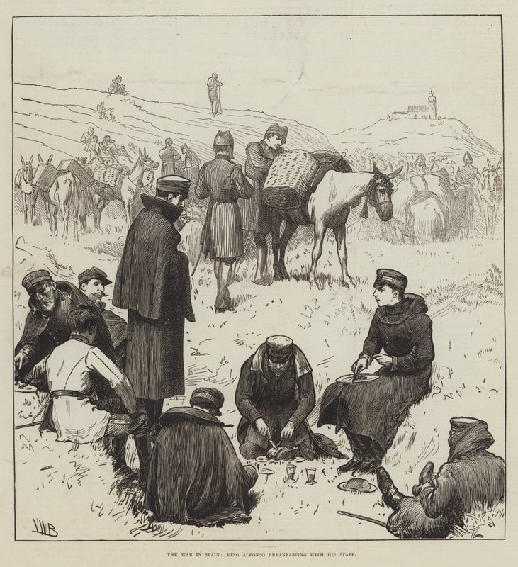 La guerra in Spagna, il re Alfonso che fa colazione con il suo staff da Valentine Walter Lewis Bromley