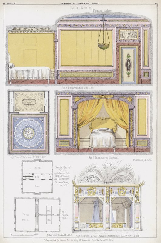 Camere da letto a Firenze, la casa del Console Inglese ad Agrigento e la Casa Borromeo, Lago Maggiore, Italia (litografia a colori) da Vincent Brooks